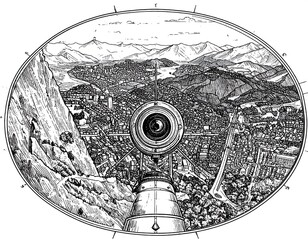 Black and white illustration of city seen through a mechanical device