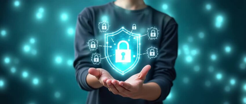 A person gently holds a glowing digital shield with animated locks, symbolizing cybersecurity, as the camera slowly pans across a futuristic, cinematic backdrop with softly flickering lights.