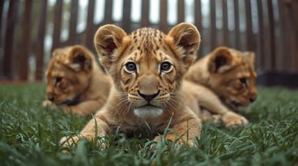 Three lion cubs resting in grass