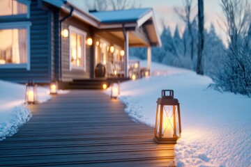 Cozy cabin in a snowy landscape with a wooden walkway, glowing lanterns, and frost-covered trees at dusk soon