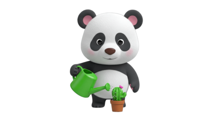 Cute Panda Watering Cactus in Pot