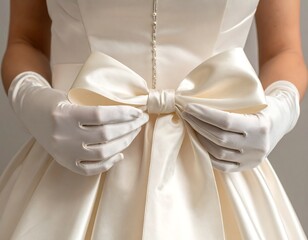 Close-up of a satin wedding gown with a large bow and white gloves