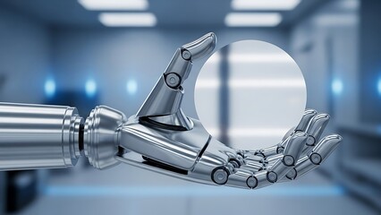 Metallic robot hand holding a glowing orb, future technological progress