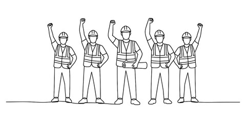 Construction workers united with raised fists in a show of solidarity Vector, illustration
