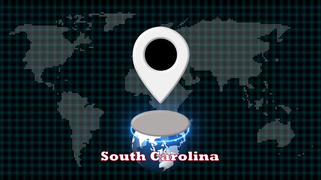South Carolina state map location animation with pulsing pin, USA geographic map pointer for travel and regional news