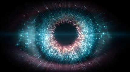 Abstract digital eye iris with glowing blue and pink light streams representing data flow and futuristic technology concepts.
