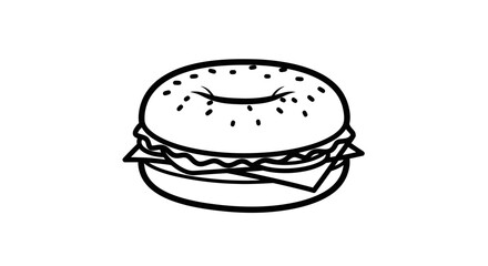Line Art Drawing of a Sandwich with Sesame Seeds Cheese and Lettuce Isolated on White Background