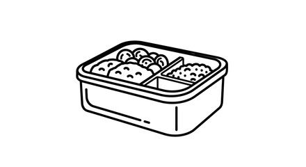 Simple Line Drawing Of A Divided Lunchbox Filled With Assorted Food Items Such As Rice And Vegetables On A White Background