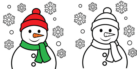 Cute Snowman Coloring Book Page for Kids, Vector Illustration of Christmas Character with Snowflakes, Educational Worksheet for Children, Simple Line Art with Colored Example