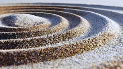 Zen garden sand with concentric raked patterns and a central mound symbolizing tranquility