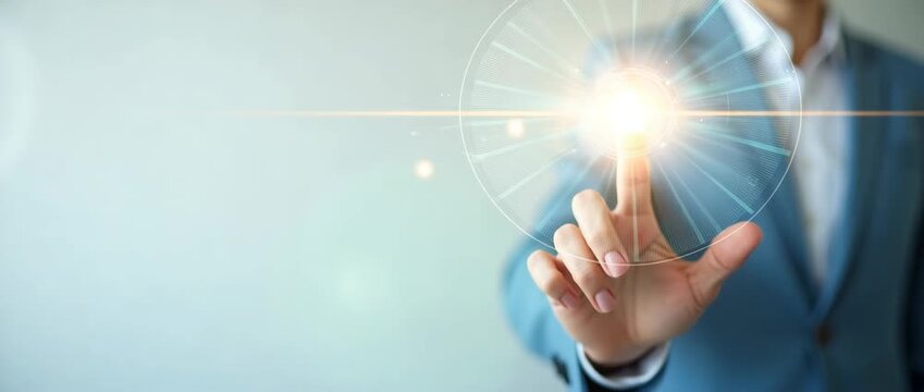 Business professional in a blue suit interacts with futuristic digital interface, finger tapping glowing icon as camera slowly pans, in a cinematic style with subtle ambient motion.