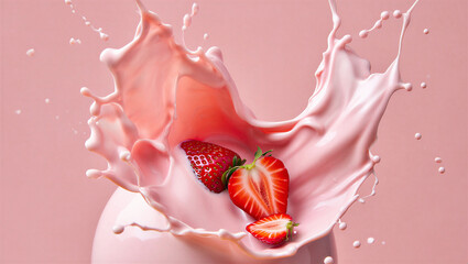 Strawberry splashing into milk with droplets flying everywhere in a dynamic motion