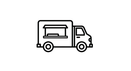 Fototapeta premium Minimalist Black Line Art Icon Of A Food Truck With Open Serving Window And Wheels On A Clean White Background For Web Design And User Interfaces
