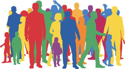 Colorful human silhouettes representing diversity, unity, and inclusion across age groups, ideal for social awareness, community, and demographic visuals