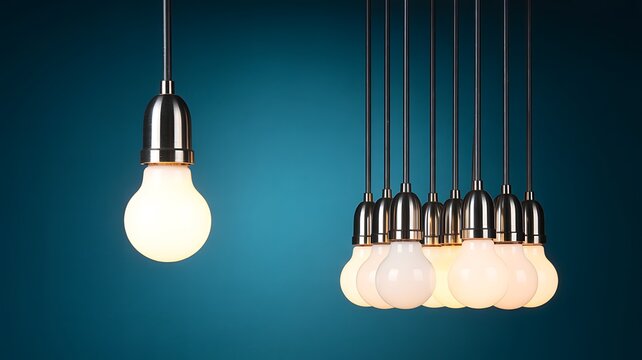 A set of hanging light bulbs against a dark blue background