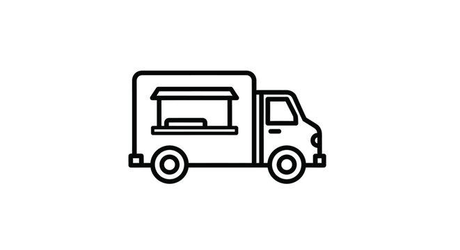 Minimalist Black Line Art Icon Of A Food Truck With Open Serving Window And Wheels On A Clean White Background For Web Design And User Interfaces