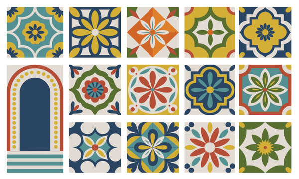Vibrant Mediterranean Ceramic Tile Collection: Traditional Spanish Azulejo and Moroccan Geometric Patterns for Trendy Surface Decor.