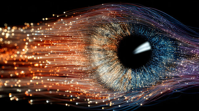 Abstract visualization of data streams flowing into a digital eye representing big data analysis and futuristic technology concepts. - Powered by Adobe