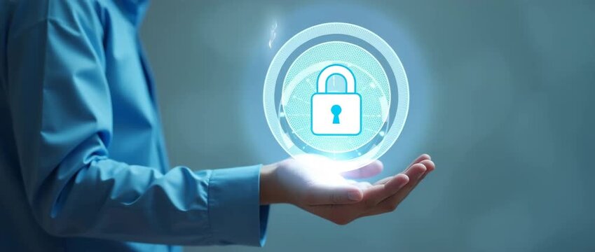A hand gently raises, revealing a glowing digital lock icon, as the camera smoothly pans, emphasizing cybersecurity in a minimalist, futuristic style with subtle ambient motion.