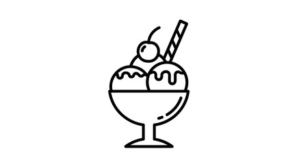 Minimalist Black And White Line Art Icon Illustration Of An Ice Cream Sundae Bowl With Scoops Cherry And Wafer Stick On White Background