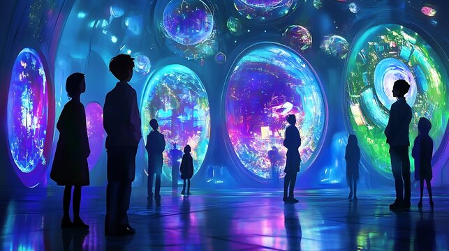Silhouetted figures observing vibrant glowing orbs representing alternate realities in a futuristic museum exhibit