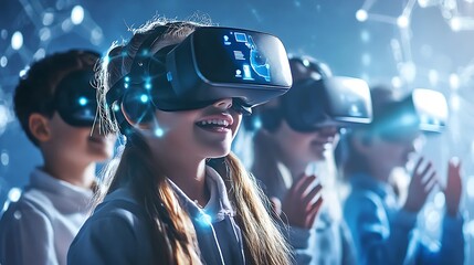 Enthusiastic children experiencing immersive virtual reality gaming and futuristic digital technology in a dark setting