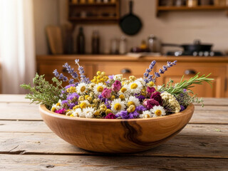 Rustic Bowl of Colorful Dried Flowers and Herbs on Wooden Table