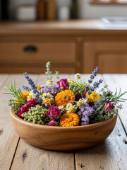 Rustic Bowl of Colorful Dried Flowers and Herbs on Wooden Table