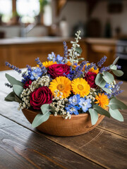 Rustic Bowl of Colorful Dried Flowers and Herbs on Wooden Table