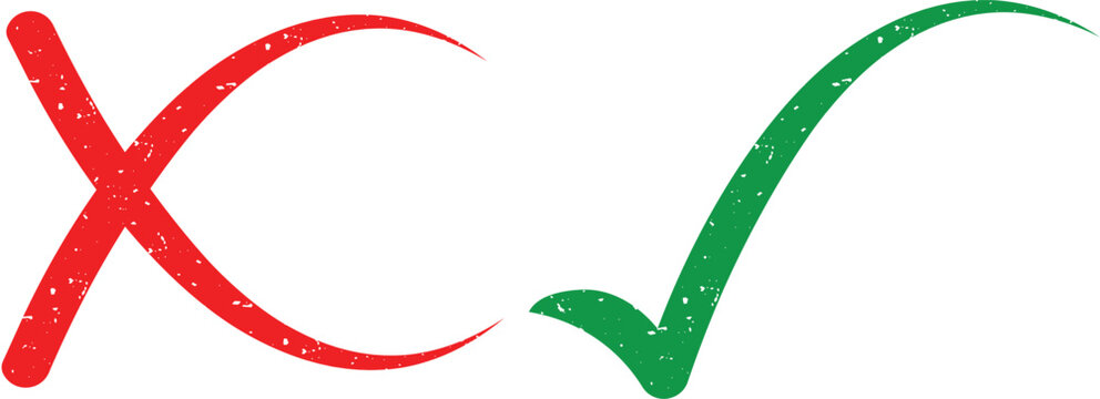 Red X sign and green tick icon, Red crossmark and green checkmark on transparent background . Vector illustration