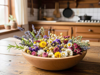 Rustic Bowl of Colorful Dried Flowers and Herbs on Wooden Table