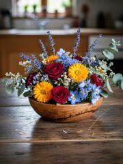 Rustic Bowl of Colorful Dried Flowers and Herbs on Wooden Table