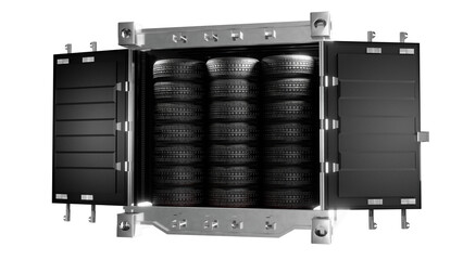 Motorsport garage concept, Pile of racing wheels stored in dark carbon fabric cargo box, Hyper-realistic industrial background create by 3D modeling ACES color.