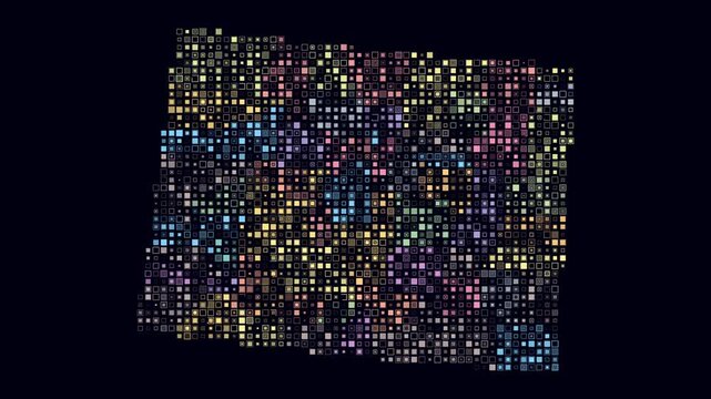 Colorado animated shape. Pulsating colored dots on the map of the state. Small size square blocks. Digital style Colorado map on dark background. Beautiful animation video.
