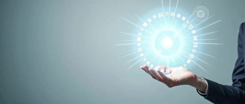 A business professional's hand gently supports a glowing digital interface, with a slow camera pan revealing a futuristic, minimalist background; cinematic ambient lights flicker subtly.