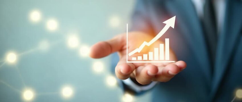 Businessman's hand presents a rising graph with animated growth bars, slow camera pan highlighting success, ambient light flicker, cinematic style for financial growth concepts.