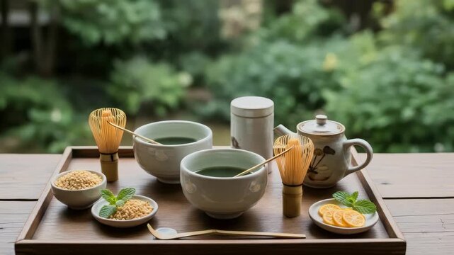 Traditional Japanese Matcha Tea Ceremony Preparation with Bamboo Whisk and Sweets