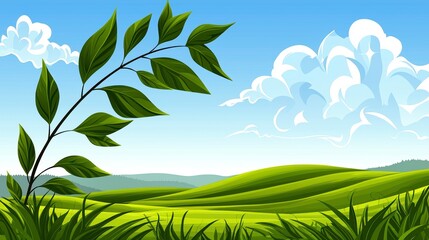 Vibrant Green Landscape with Rolling Hills and Clear Sky