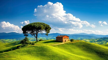 Idyllic Tuscan Landscape with Farmhouse and Rolling Hills