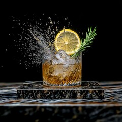 Dynamic Cocktail Splash with Lemon and Rosemary