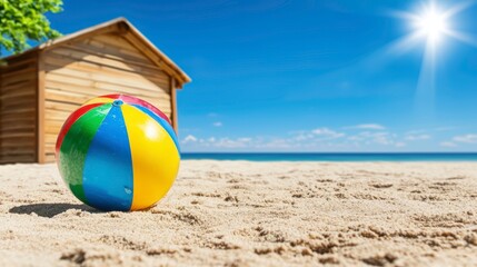 Sunny Beach Day with Colorful Beach Ball and Ocean View