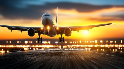 Commercial Airplane Landing at Golden Hour