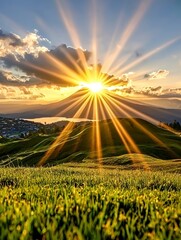 Golden Sunburst Over Rolling Green Hills and Mountain Lake