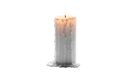 Burning white candle with melted wax isolated on transparent background