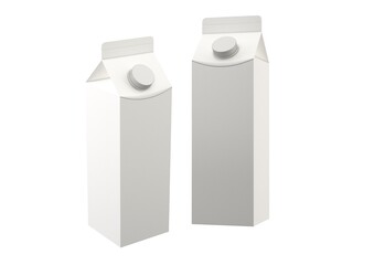 Two blank white carton packages with caps isolated on white background. Minimalist beverage packaging mockup suitable for milk, juice, or drink branding design.