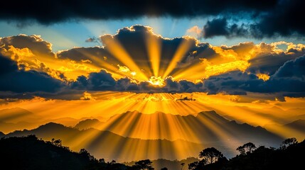 Majestic Golden Sunbeams Over Mountain Landscape
