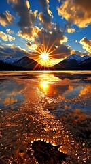 Golden Sunset Over Icy Mountain Lake