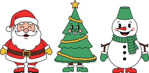 Cartoon Christmas characters, Santa Claus, snowman, festive tree mascot, holiday celebration art, cheerful winter theme, flat vector illustration