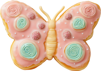 Artistic butterfly shaped donut pastry with pink icing glaze and intricate green swirl decorations isolated on white background for baby shower dessert menu and fantasy bakery concept