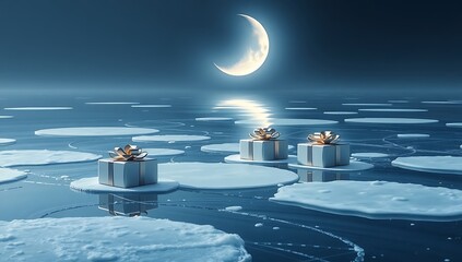 A perfectly still frozen pond reflecting a giant glowing crescent moon. Floating on the ice are sleek metallic gift boxes 